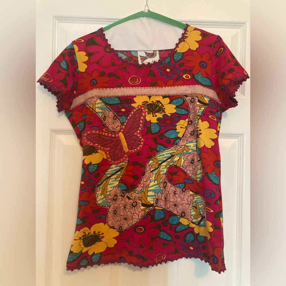 Inner Child Red Butterfly Floral Print Tee, Size Medium